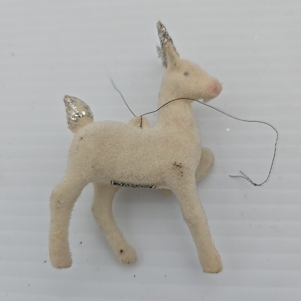 Vintage 1960s Japan White Flocked Reindeer Silver Glitter Antlers Figurine